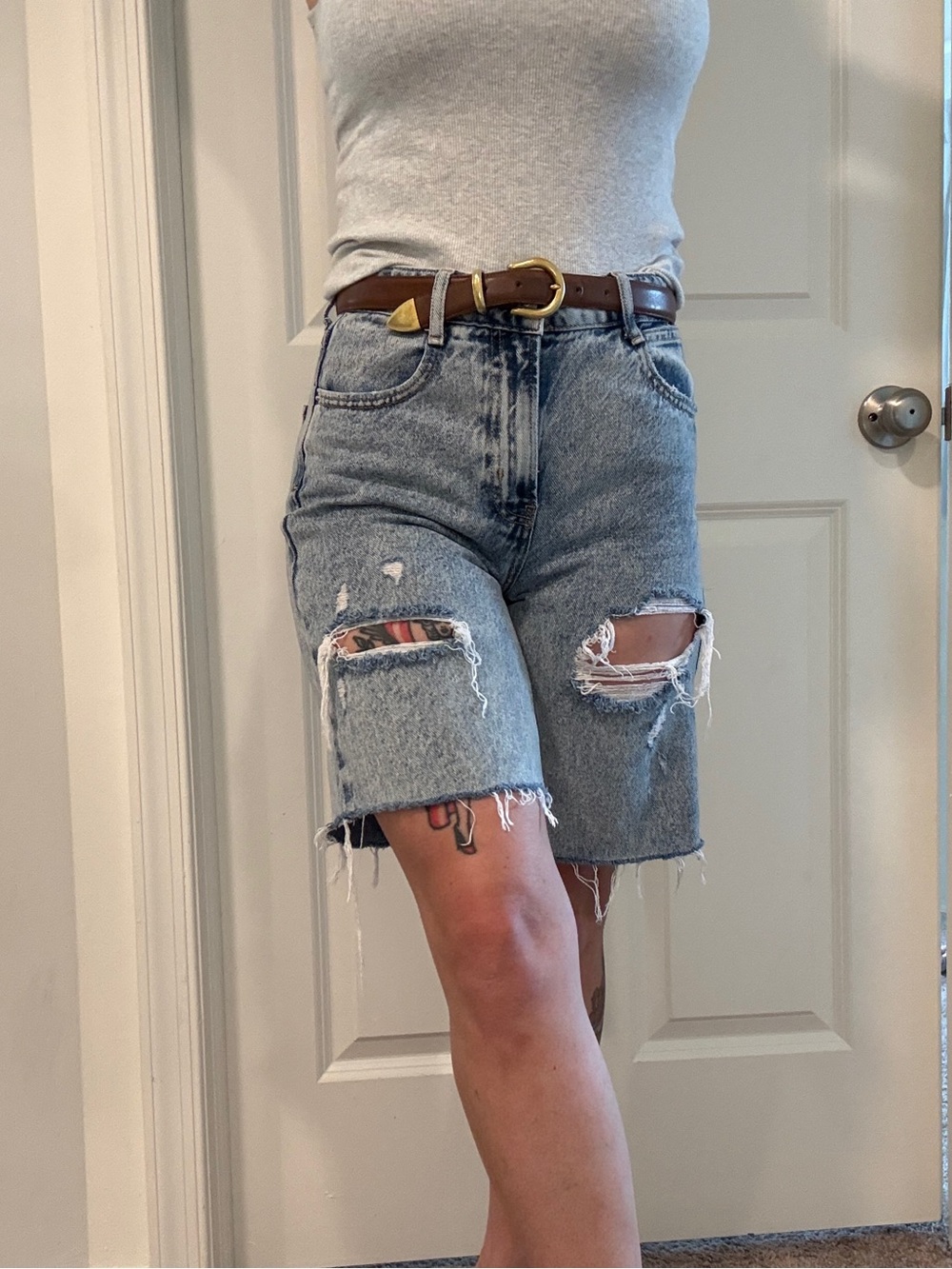 Zara denim jorts longline baggy Light Blue Distressed Denim Bermuda long Shorts